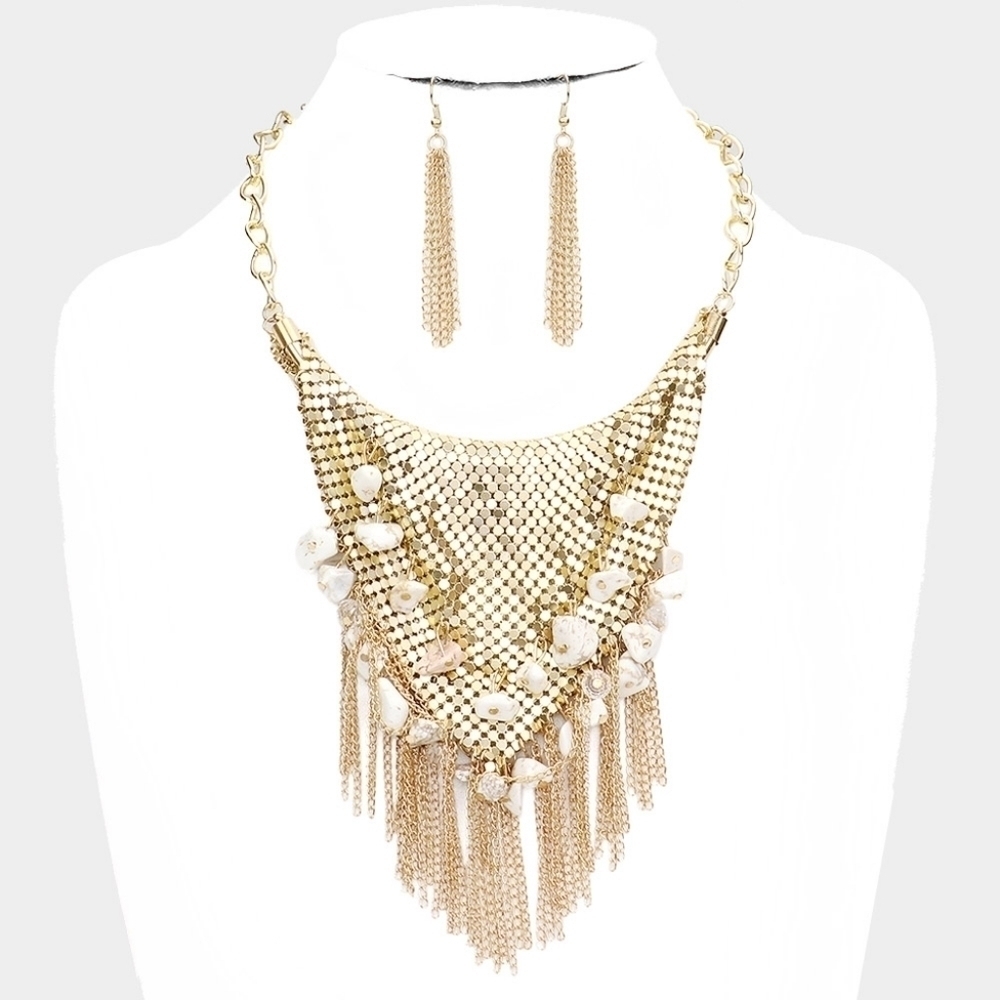 Free People Gold Statement Fringe Necklace with White Stone Accents - Picture 2 of 6
